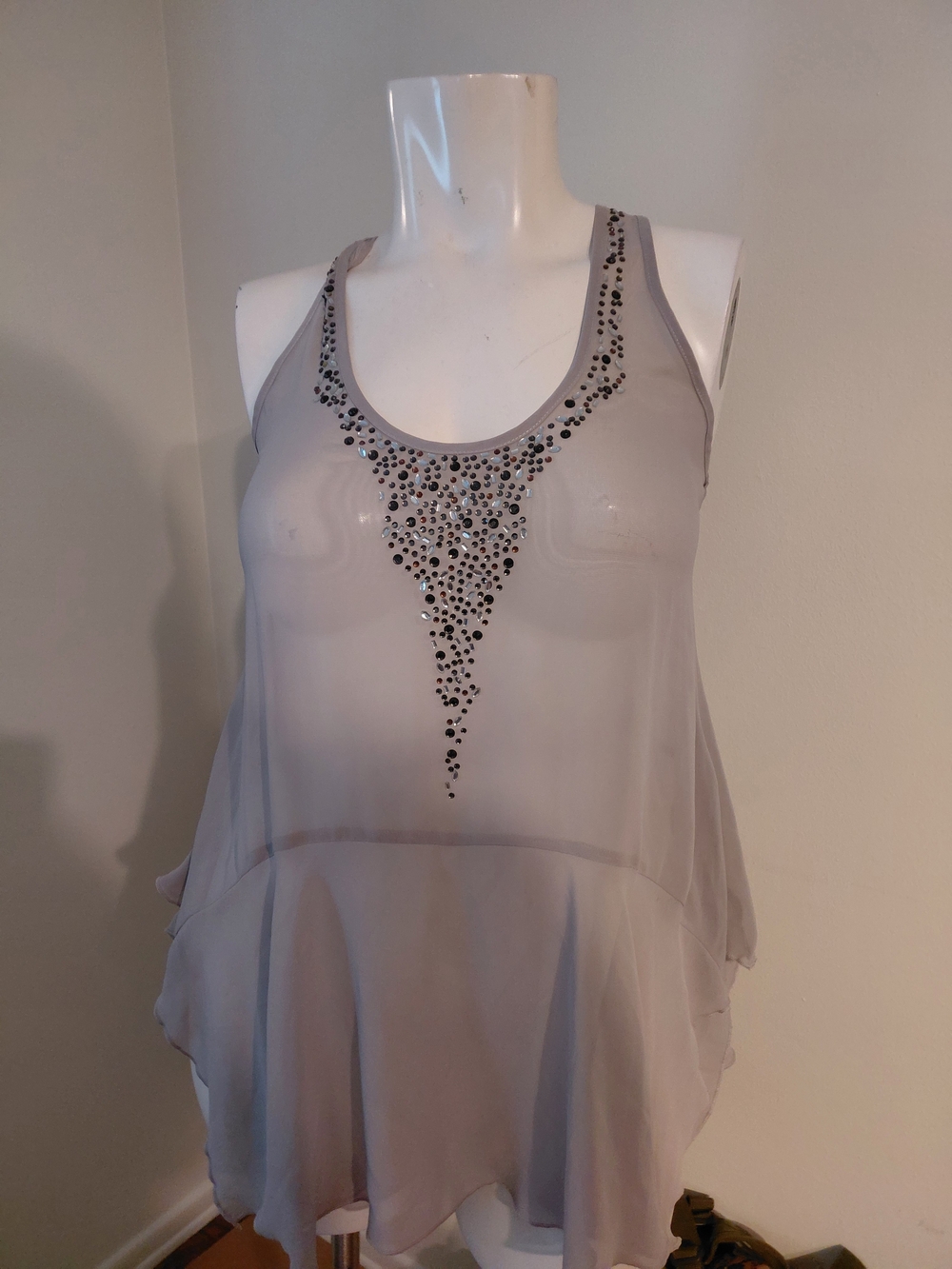 Daytrip Gray Sheer Sleeveless Embellished Tank